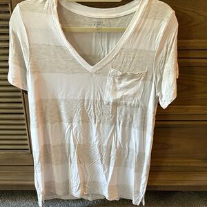 Market & Spruce V-Neck Striped Tee - Cream and Tan